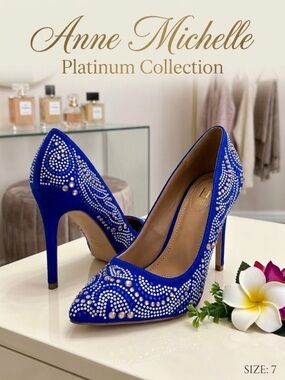 ANNE MICHELLE Royal Blue 4-inch Heels with Rhinestone Embellishments size 7